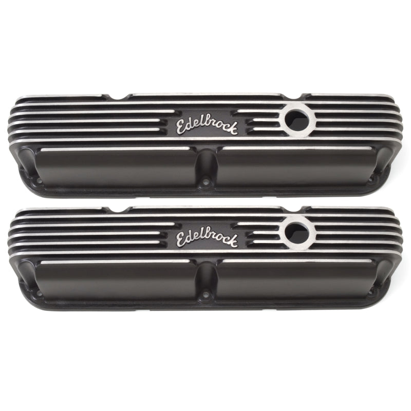 Edelbrock Classic Tall Valve Cover - Breather Hole - Edelbrock Logo - Black Powder Coat - Small Block Mopar 41763 - Pair