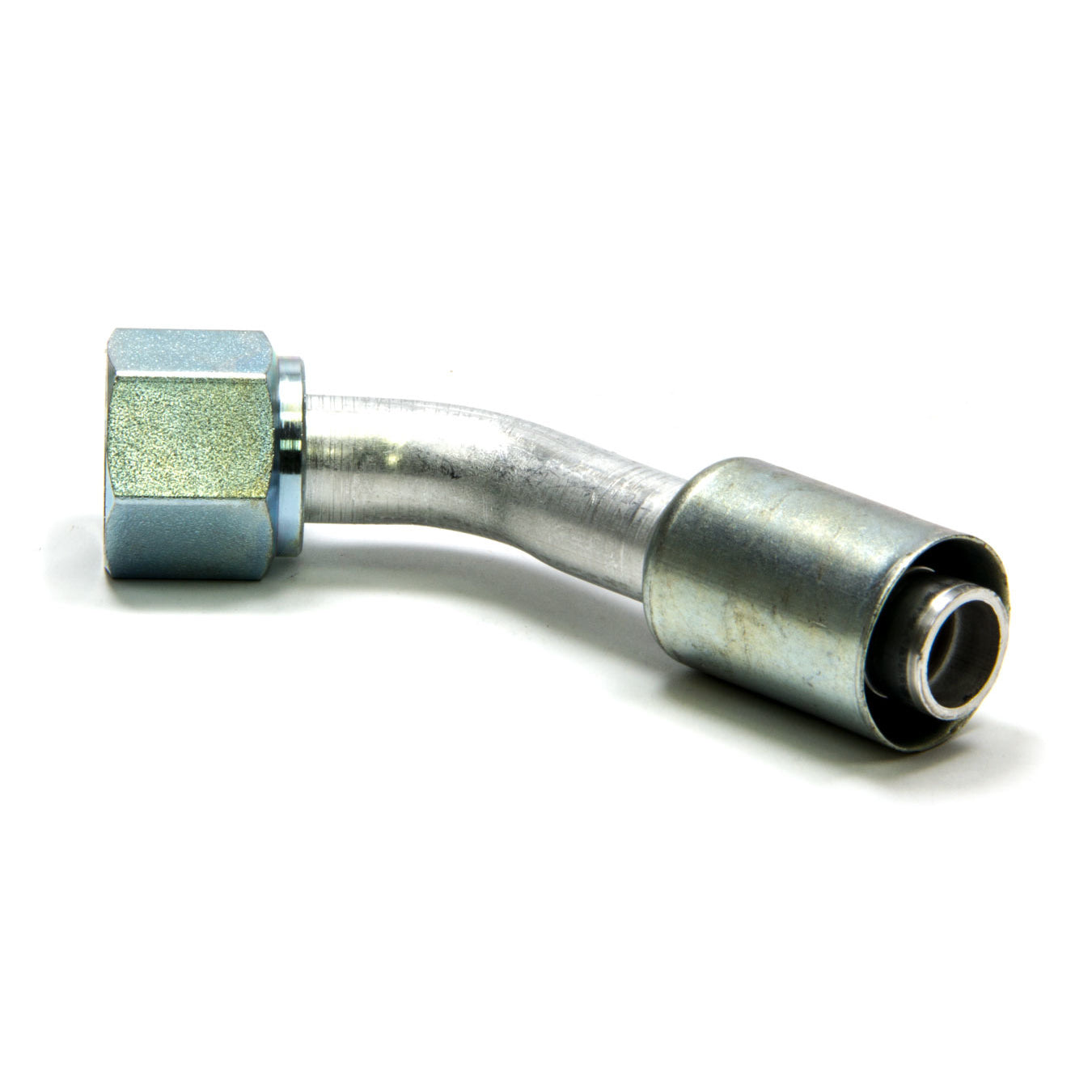 Vintage Air Hose End Fitting 45 Degree 5/8" Hose Crimp to 10 AN Female O-Ring Aluminum/Steel - Cadmium/Natural