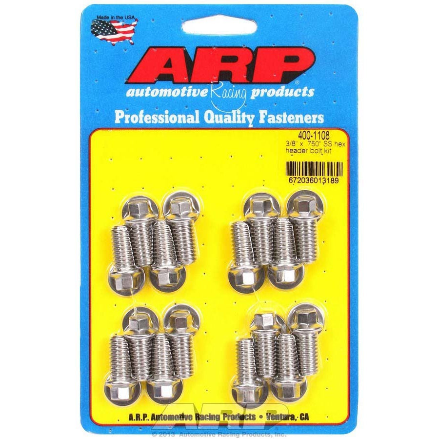 ARP Stainless Steel Header Bolt Kit - 3/8" x .750" Under Head Length (16 Pieces) - Hex