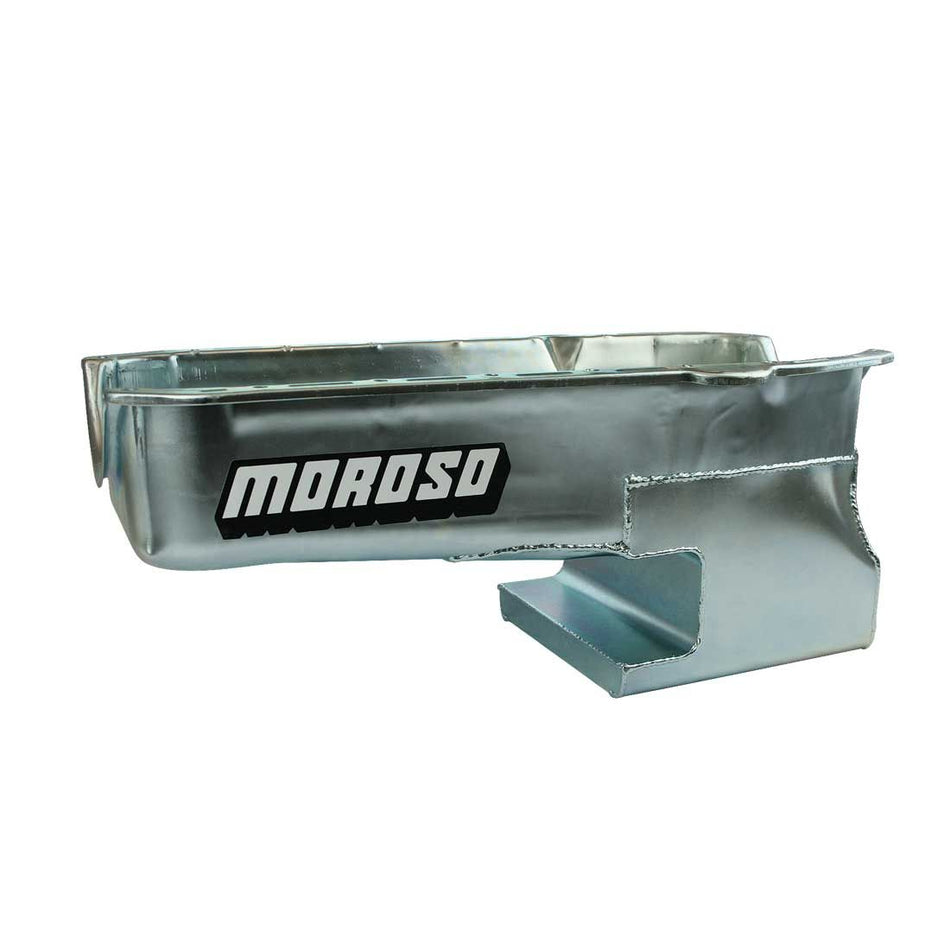 Moroso Fabricated OIl Pan - Rear Sump - 6 Quart - 9 in Deep - 4-Bolt Caps - Zinc Oxide - Passenger Side Dipstick - Small Block Chevy