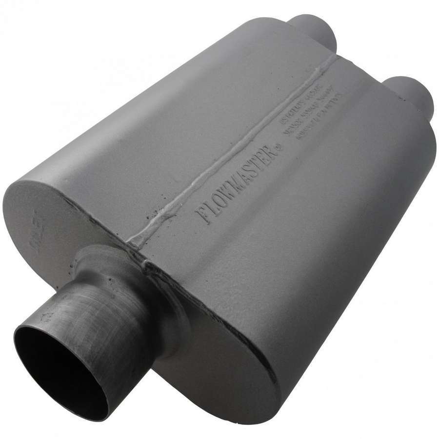 Flowmaster 40 Series Chambered Muffler - 3 in Center Inlet - Dual 2-1/2 in Outlets - 13 x 9-3/4 x 4 in Oval Body - 19 in Long - Black Paint - Universal 80430402