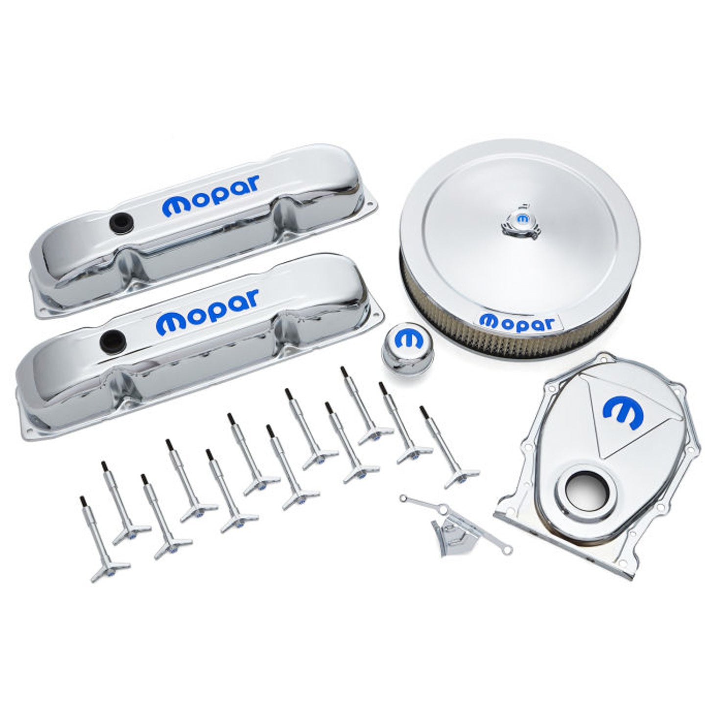 Proform Engine Dress Up Kit - Recessed Blue Mopar Logo - Steel - Chrome - Mopar B/RB-Series