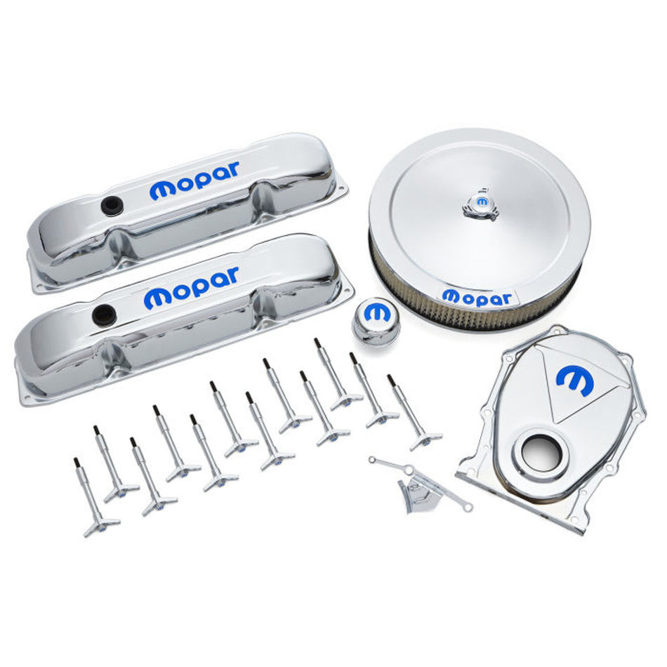 Proform Engine Dress Up Kit - Recessed Blue Mopar Logo - Steel - Chrome - Mopar B/RB-Series