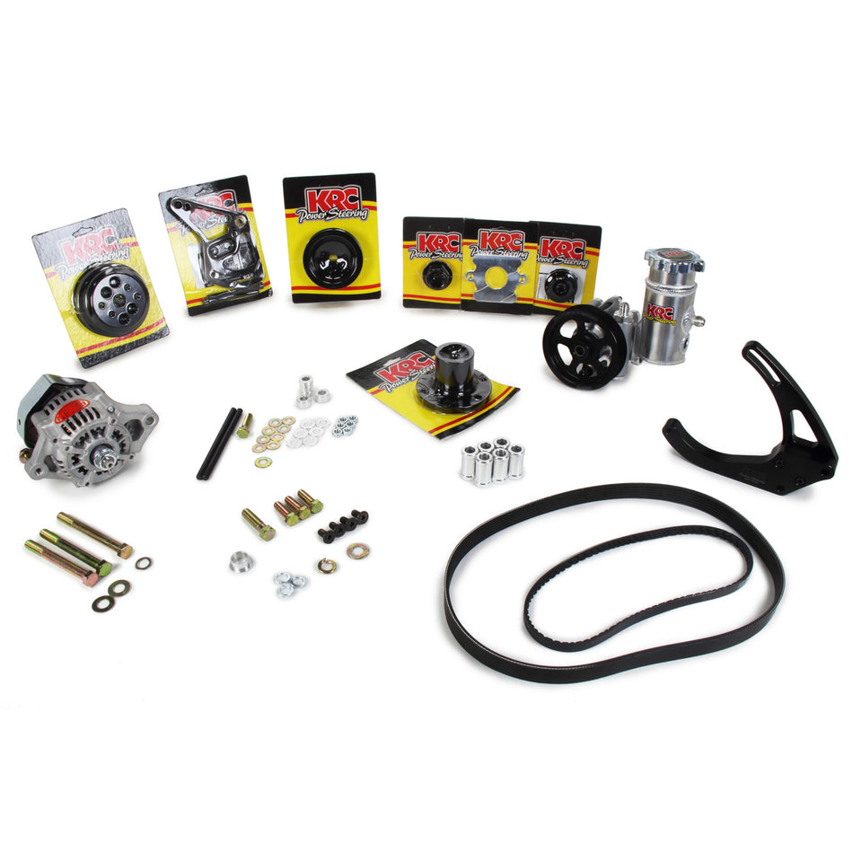 KRC Pulley Kit - Pro Series - 3 and 6 Rib Serpentine - Head Mount PS Pump / Denso Alternator / Hardware / PS Tank / Water Pump Included - Aluminum - Black Anodized - SB Ford
