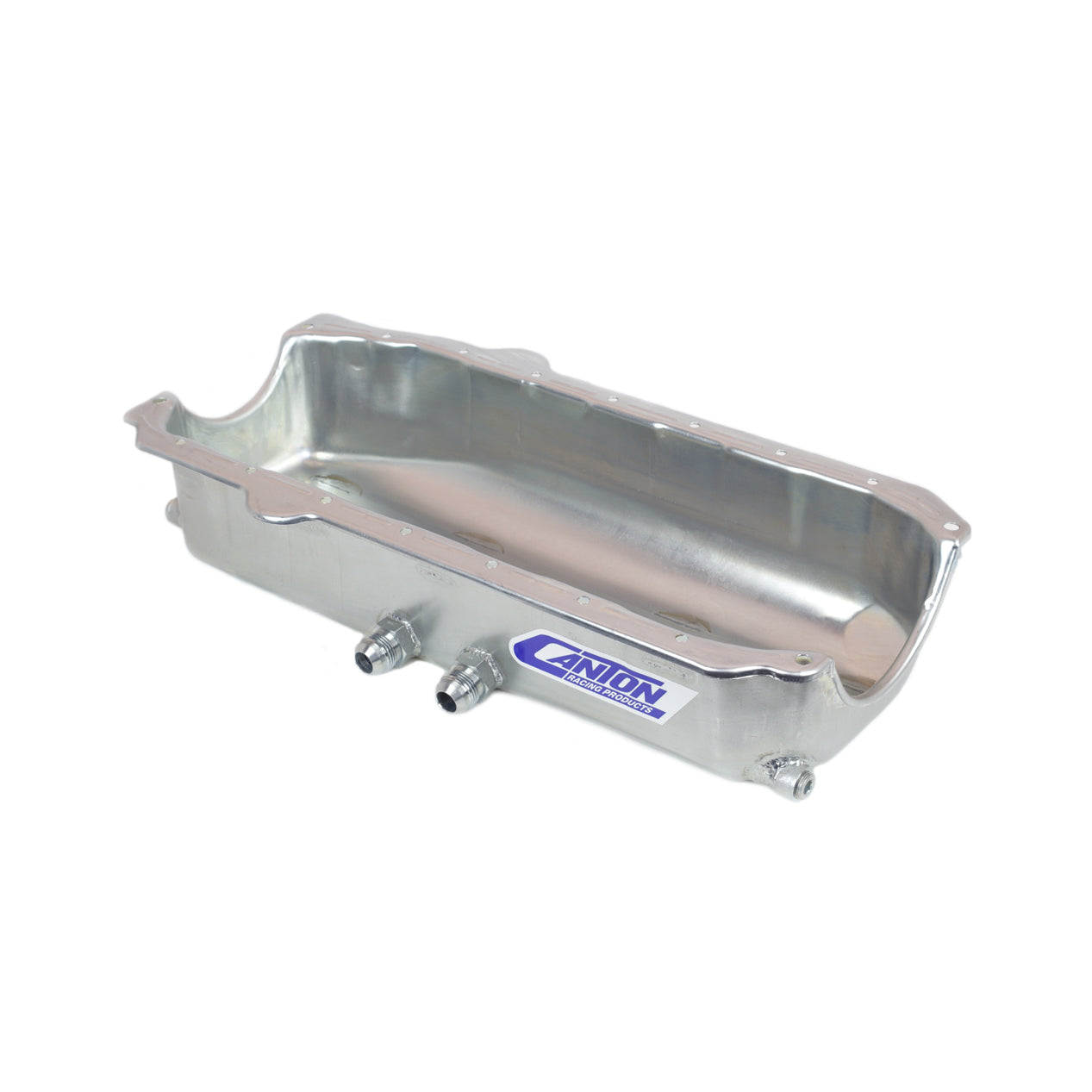 Canton Shallow Dry Sump Oil Pan - SB Chevy - (2) -12 AN Pickup Fittings On Right Side - Pre 85 Block w/ LH or RH Dipstick