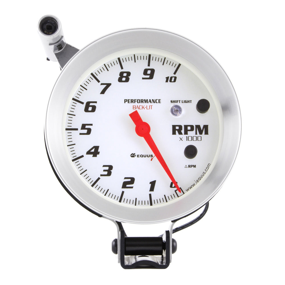 Equus 8000 Series Tachometer - 10000 RPM - Electric - Analog - 5" Diameter - Pedestal Mount - Shift Light - White Face