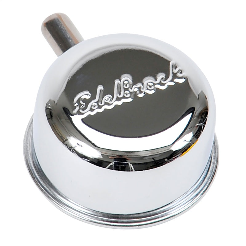 Edelbrock Signature Series Push-In Breather - Round - 1-1/4 in Hole - 3/8 in Hose Barb Fitting - Edelbrock Logo - Chrome
