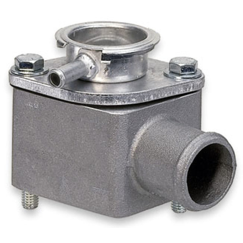 Moroso 90 Degree Water Neck - 3-1/4 in Tall - Filler Cap x Water Hose x 1/2 in NPT x Dual 1/4 in NPT Female Ports - Chevy V8