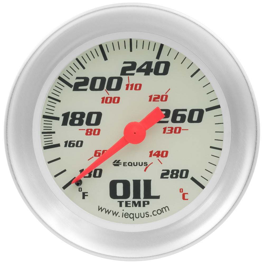 Equus 8000 Series Oil Temperature Gauge - 130-280 Degree F - Mechanical - Analog - Short Sweep - 2-5/8" Diameter - White Face