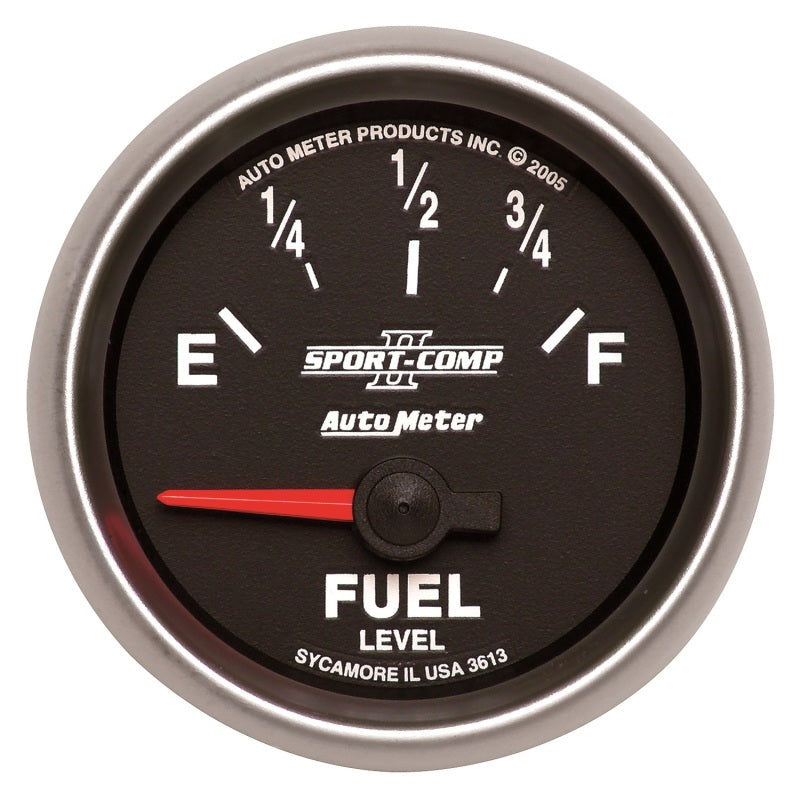Auto Meter Sport-Comp II 0-90 ohm Fuel Level Gauge - Electric - Analog - Short Sweep - 2-1/16 in Diameter - Black Face