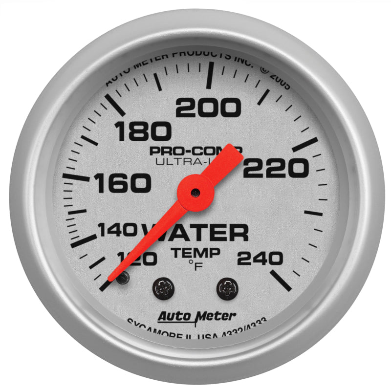 Auto Meter Ultra-Lite 120-240 Degree F Water Temperature Gauge - Mechanical - Analog - Full Sweep - 2-1/16 in Diameter - Silver Face 4333