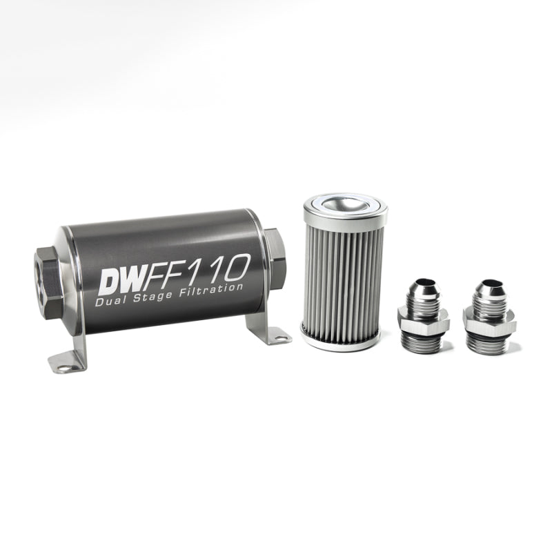 DeatschWerks Fuel Filter - 10 Micron - Stainless Element - 8 AN Male Inlet - 8 AN Male Outlet - 110 mm Long - Aluminum - Titanium