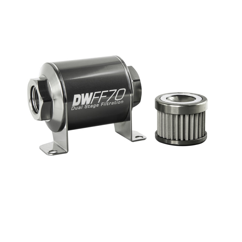 DeatschWerks In-Line 100 Micron Fuel Filter - Stainless Element - 10 AN Female O-Ring Inlet - 10 AN Female O-Ring Outlet - 70 mm Long - Titanium Anodized