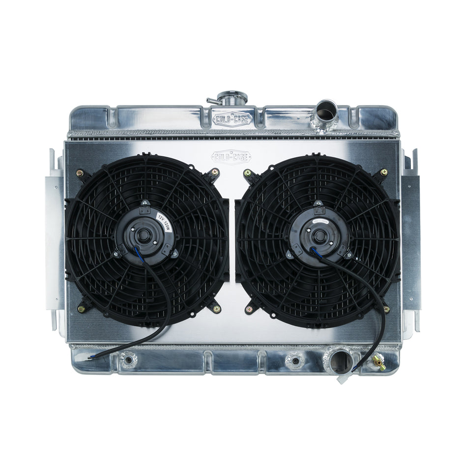 Cold-Case Aluminum Radiator and Fan - 27.75" W x 20.125" H x 3" D - Passenger Side Inlet - Passenger Side Outlet - Polished - Automatic - GM A-Body 1964-65