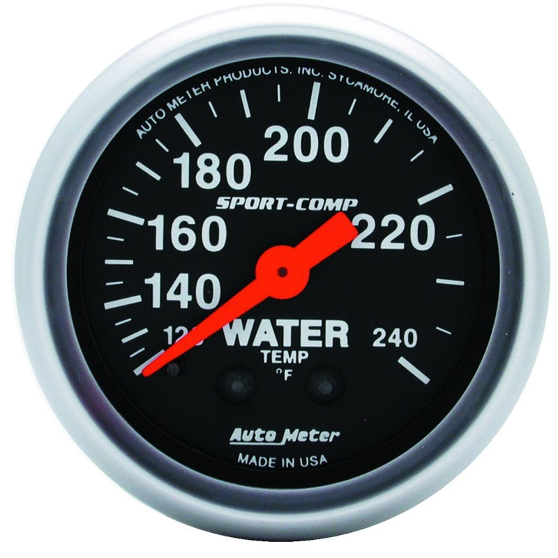 Auto Meter Sport-Comp 120-240 Degree F Water Temperature Gauge - Mechanical - Analog - Full Sweep - 2-1/16 in Diameter - Black Face 3333