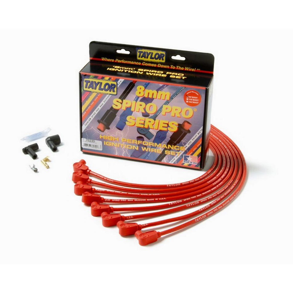Taylor 8mm Pro "Race Fit" Wire Spark Plug Wire Set - Red - SB Chevy 262-400 - Spiro-Pro Conductor - 90 Plug Boots, HEI Style Distributor Cap - For Under Valve Cover Applications