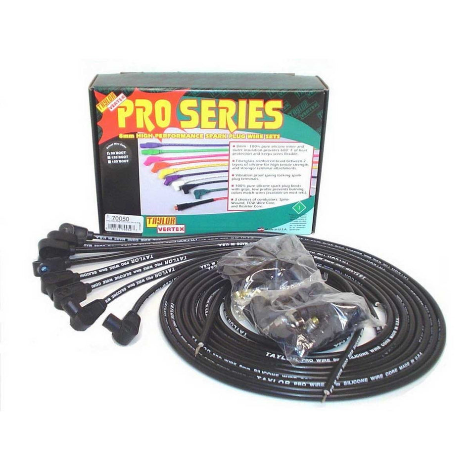 Taylor 8mm Pro Wires Universal Spark Plug Wire Set - Black - TCW Wire Conductor - 90 Plug Boots