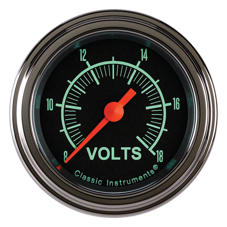 Classic Instruments G/Stock Voltmeter - 8-18V - Full Sweep - 2-1/8 in Diameter - Low Step Stainless Bezel - Black Face