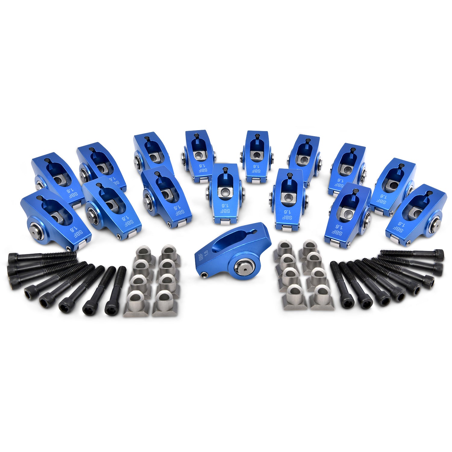 Proform Full Roller Rocker Arm - 5/16 in Pedestal Mount - 1.60 Ratio - Blue Anodized - Small Block Ford - Set of 16