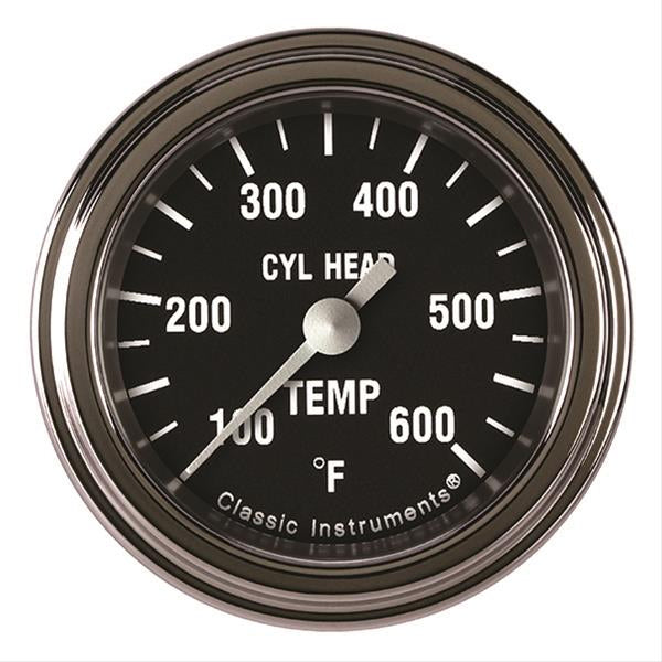 Classic Instruments Hot Rod Cylinder Head Temp Gauge - 100-600 Degrees F - Full Sweep - 2-1/8 in Diameter -  Low Step Stainless Bezel - Black Face
