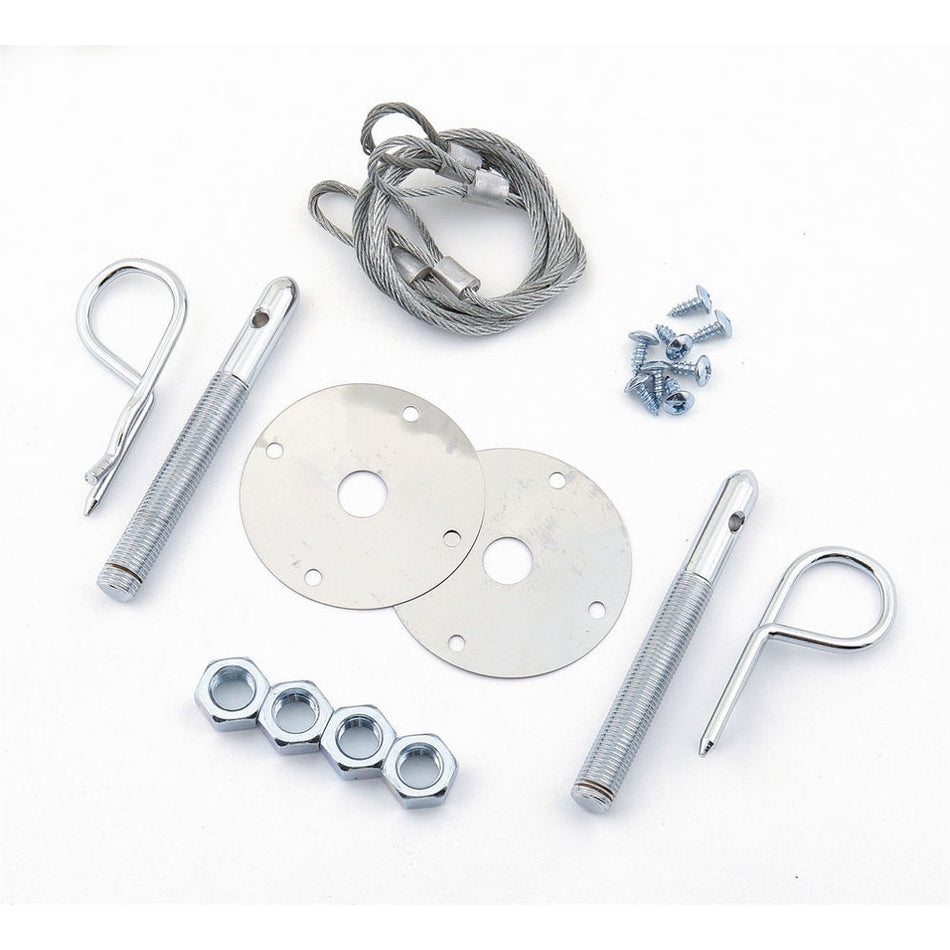 Mr. Gasket Competition Hood & Deck Pinning Kit - Includes Scuff Plates / Two 24" Lanyard Cables / Two Safety Pins / Hardware
