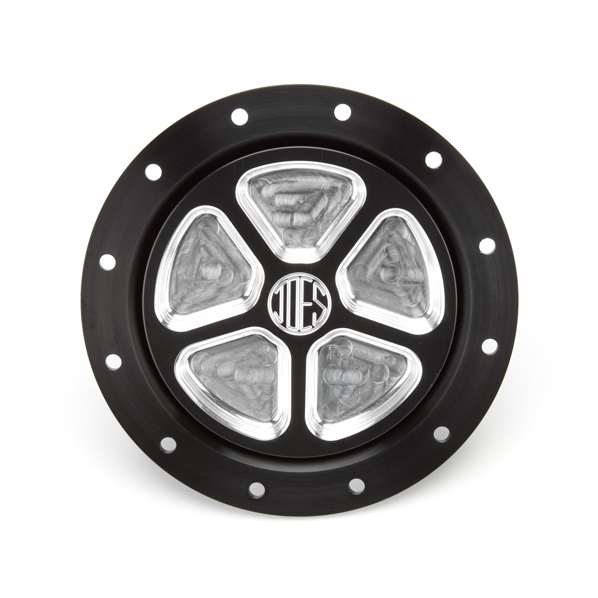 JOES 5 Pocket Pattern Filler Cap - Flush Remote Mount - 12-Bolt Flange - 2-1/4 in Hose Barb - Black/Natural