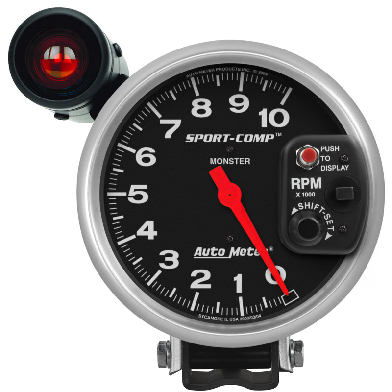 Auto Meter Sport-Comp 10000 RPM Tachometer - Electric - Analog - 5 in Diameter - Pedestal Mount - Shift Light - Black Face 3904