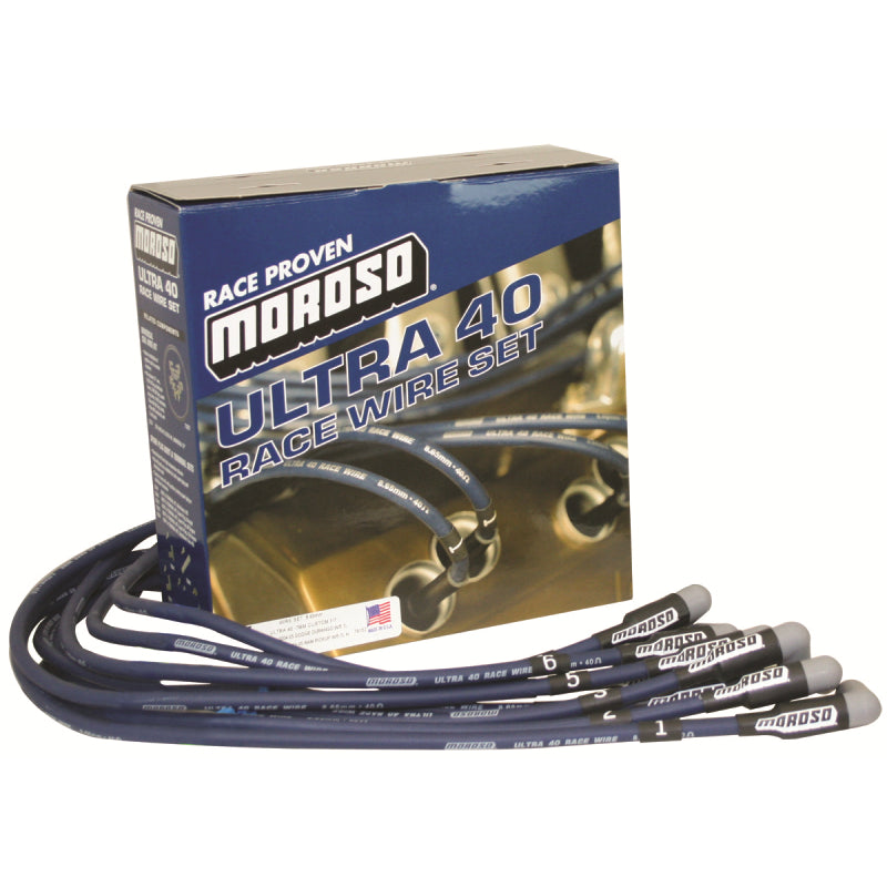 Moroso Performance Products Ultra 40 Spark Plug Wire Set Spiral Core 8.65 mm Blue - 90 Degree Plug Boots