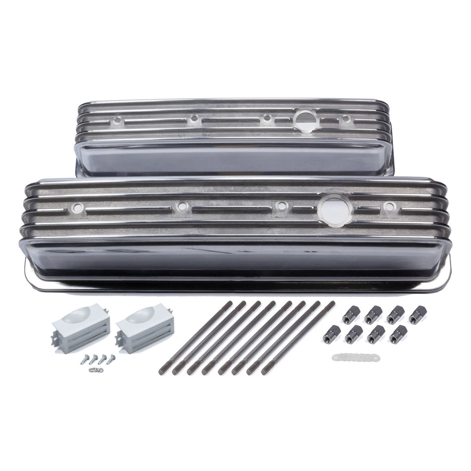 Mr. Gasket Valve Cover - Stock Height - Breather Holes - Finned - Polished - Center Bolt - Small Block Chevy - Pair
