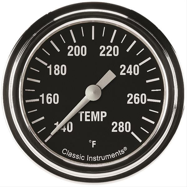 Classic Instruments Hot Rod 140-280 Degrees F Water Temperature Gauge - Electric - Analog - Full Sweep - 2-5/8 in Diameter - 12 mm x 1.50 in Thread - Low Step  Bezel - Flat Lens - Black Face