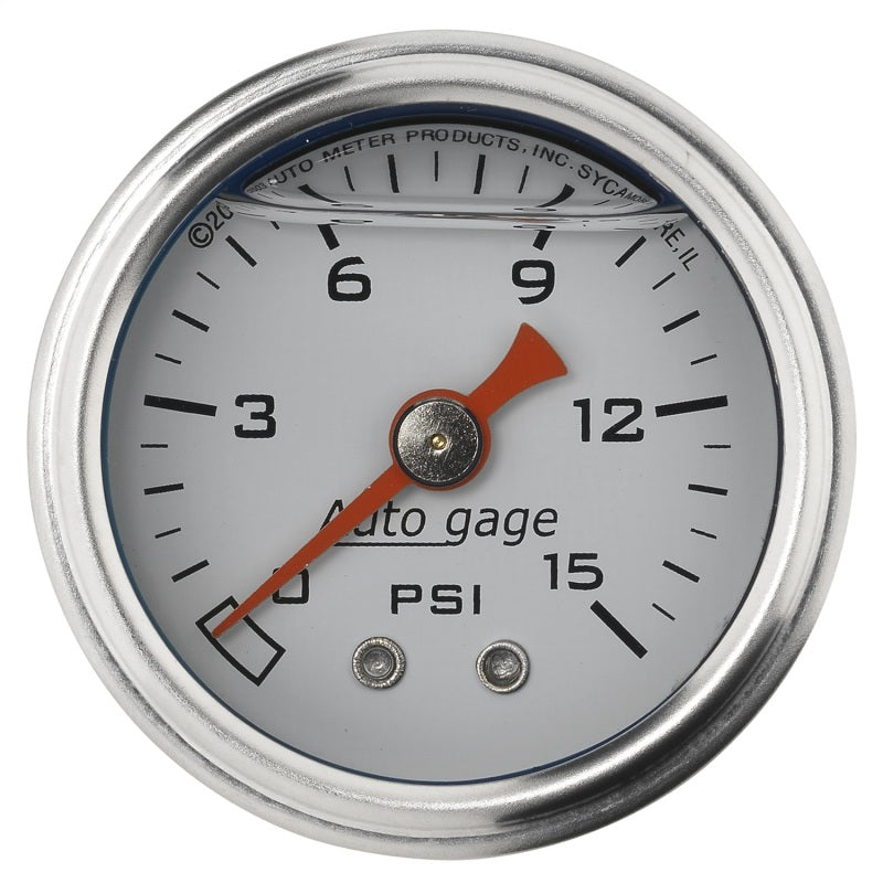 Auto Meter Auto Gage 0-15 psi Pressure Gauge - Mechanical - Analog - 1-1/2 in Diameter - Liquid Filled - 1/8 in NPT Port - White Face