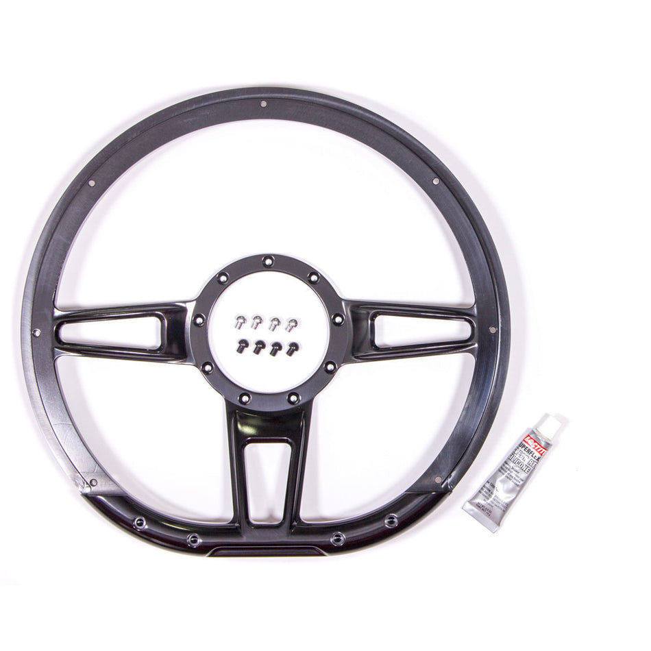Billet Specialties Formula Steering Wheel - 14 in Diameter - D-Shaped - 2 in Dish - 3-Spoke - Milled Finger Notches - Billet  - Black Anodized BLK29409
