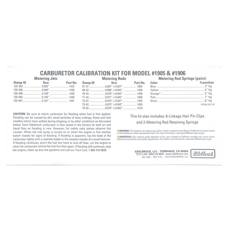 Edelbrock Carburetor Calibration Kit - Edelbrock Thunder AVS2 Carburetors
