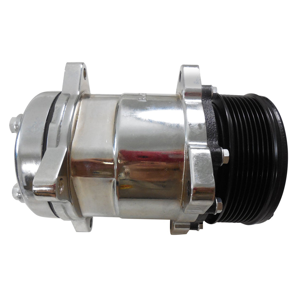 Racing Power Sanden 508 R-134A Air Conditioning Compressor - 7-Rib Serpentine Pulley - Chrome - Universal