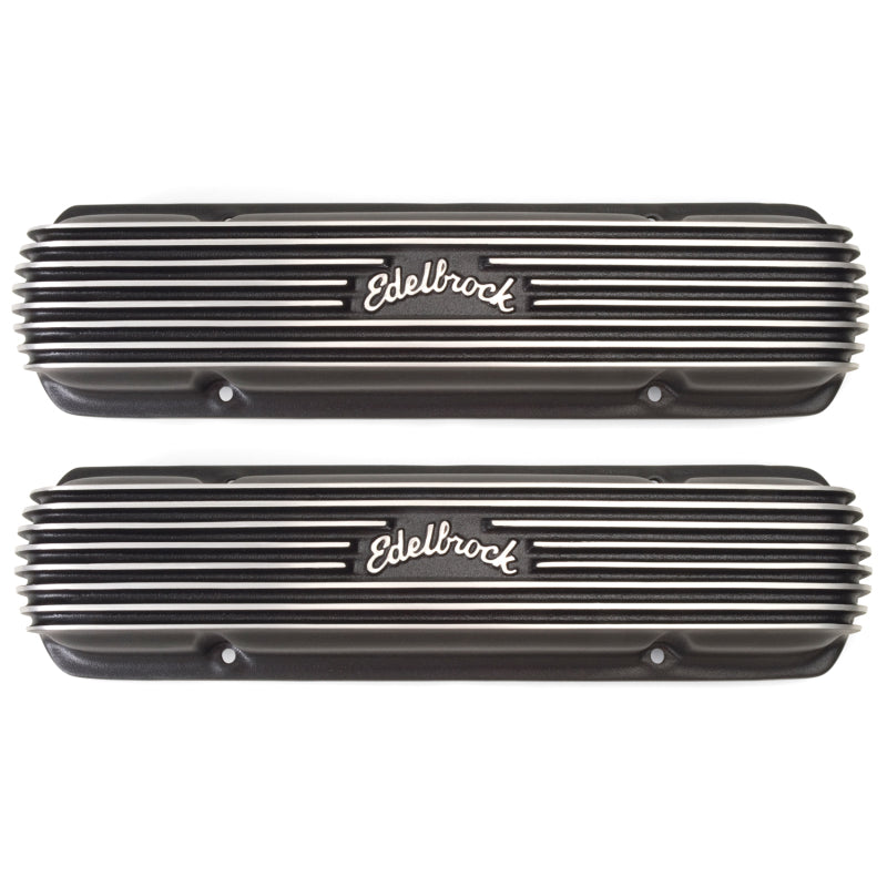 Edelbrock Classic Short Valve Cover - Edelbrock Logo - Black Powder Coat - Pontiac V8 - Pair