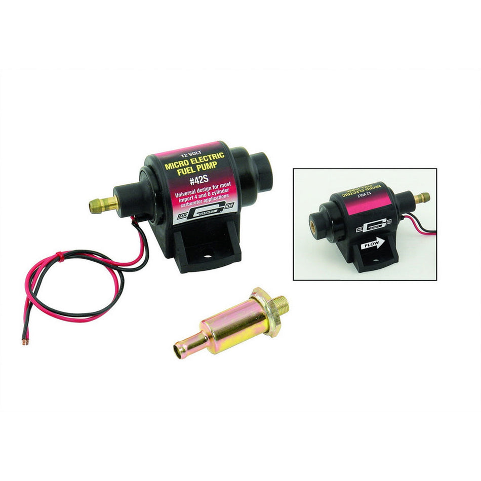 Mr. Gasket Micro In-Line Electric Fuel Pump - 28 gph Free Flow - 1/8 in NPT Inlet - 5/16 in Hose Barb Outlet - Filter - Gas