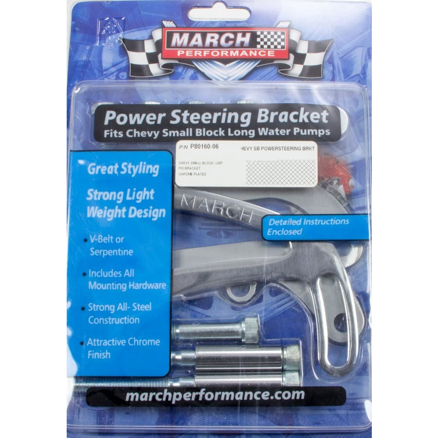March Performance Driver Side Power Steering Pump Bracket Steel Chrome Canister Style Pump - Small Block Chevy
