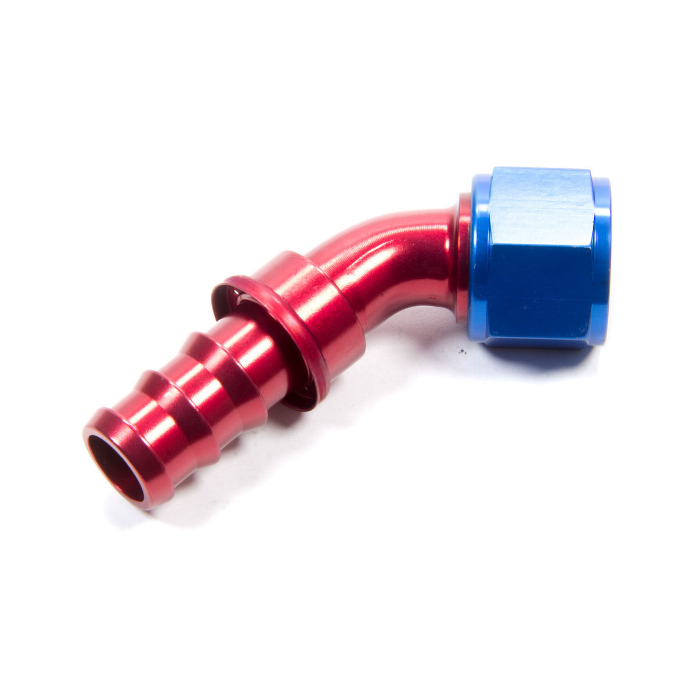 Aeroquip AQP Socketless 12 AN Hose Barb to 12 AN Female 45 Degree Hose End - Blue / Red Anodized FCM1525