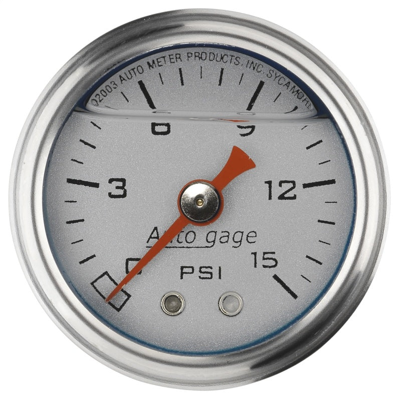 Auto Meter Auto Gage 0-15 psi Pressure Gauge - Mechanical - Analog - 1-1/2 in Diameter - Liquid Filled - 1/8 in NPT Port - Silver Face