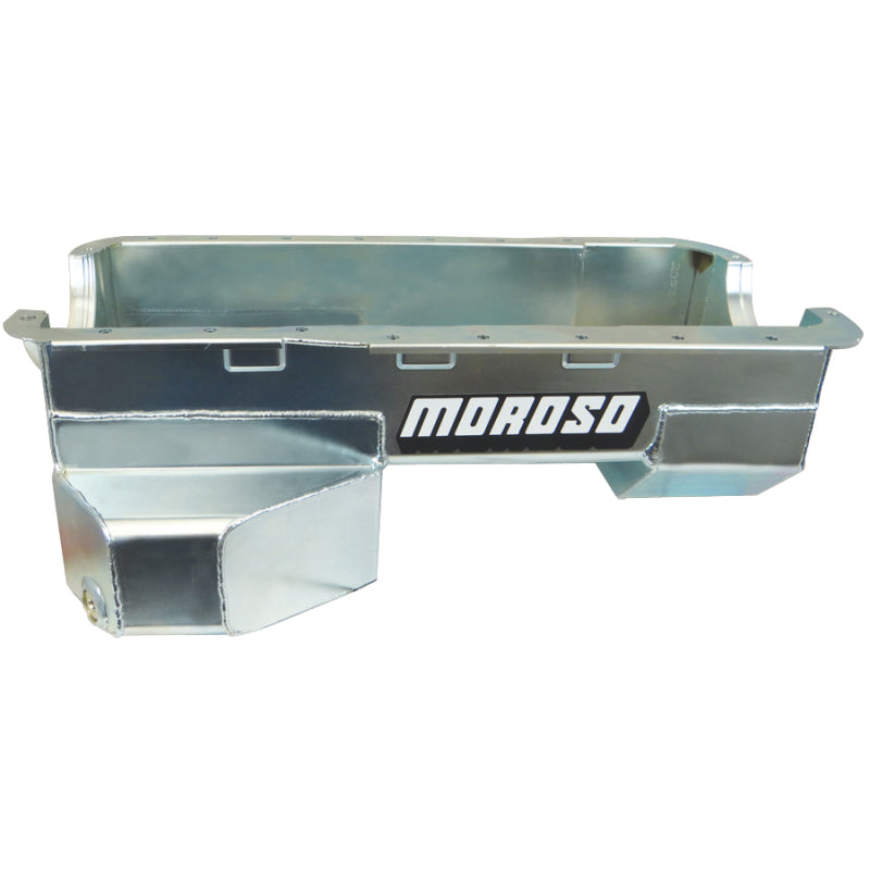 Moroso Street / Strip Rear Sump Oil Pan - 7 Quart - 7.5 in Deep - Trap Door Baffles - Zinc Oxide - 4-Bolt Caps - Small Block Ford