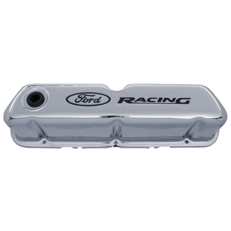 Ford Racing Valve Cover - Stock Height - Baffled - Breather Hole - Ford Racing Logo - Chrome - Small Block Ford 302-071 - Pair