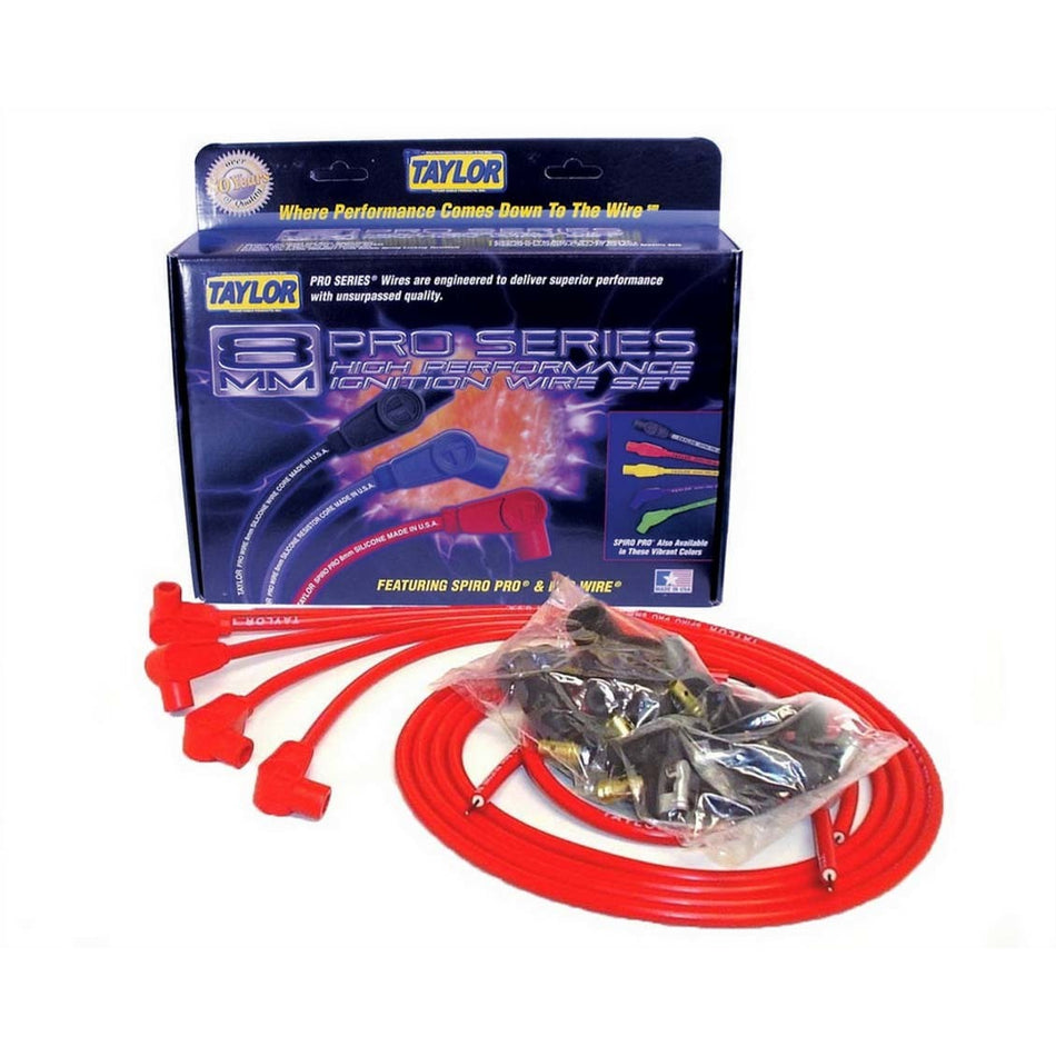 Taylor Spiro-Pro Spiral Core 8 mm Spark Plug Wire Set - Red - 90 Degree Plug Boots - HEi / Socket Style - Cut-To-Fit - 4-Cylinder
