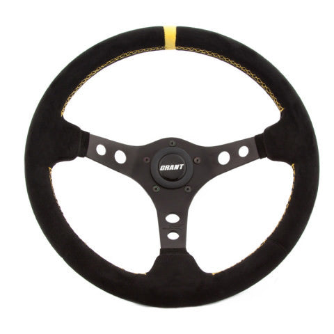 Grant Suede Series Steering Wheel - 13.75 in Diameter - 3.5 in Dish - 3-Spoke - Black Suede Grip - Yellow Stripe - Black Anodized