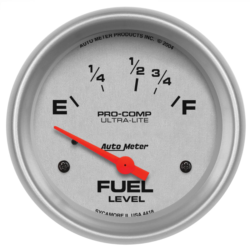 Auto Meter Ultra-Lite 16-158 ohm Fuel Level Gauge - Electric - Analog - Short Sweep - 2-5/8 in Diameter - Silver Face