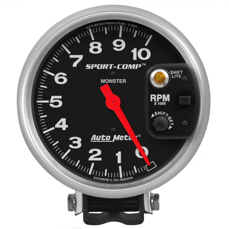 Auto Meter Sport-Comp 10000 RPM Tachometer - Electric - Analog - 5 in Diameter - Pedestal Mount - Shift Light - Black Face 3903
