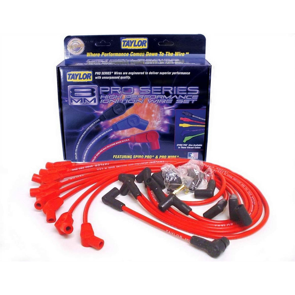 Taylor Spiro-Pro Spiral Core 8 mm Spark Plug Wire Set - Red - 135 Degree Plug Boots - HEI Style Terminal - Small Block Ford