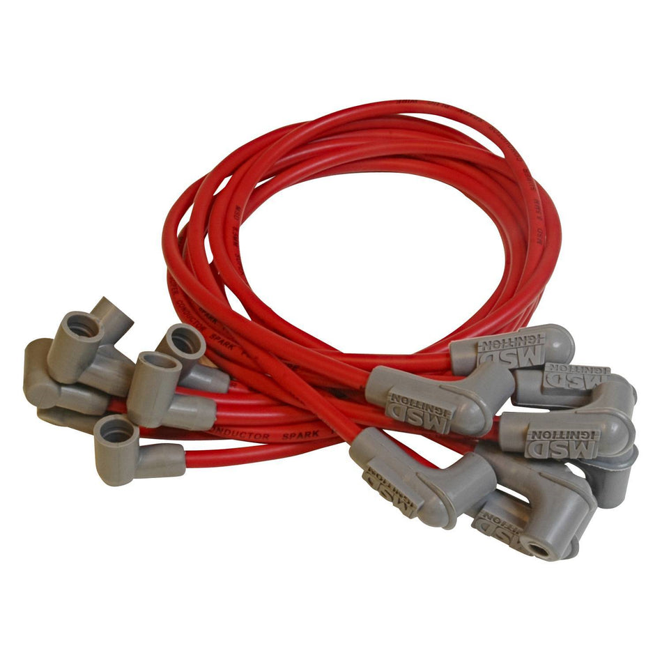 MSD Custom Fit Super Conductor Spark Plug Wire Set - (Red) - Fits 1971-74 Chevy 307/327/350 Cars w/ Wires Over Valve Covers - 90 Socket Distributor Boots & Terminals, 90 Spark Plug Boots & Terminals