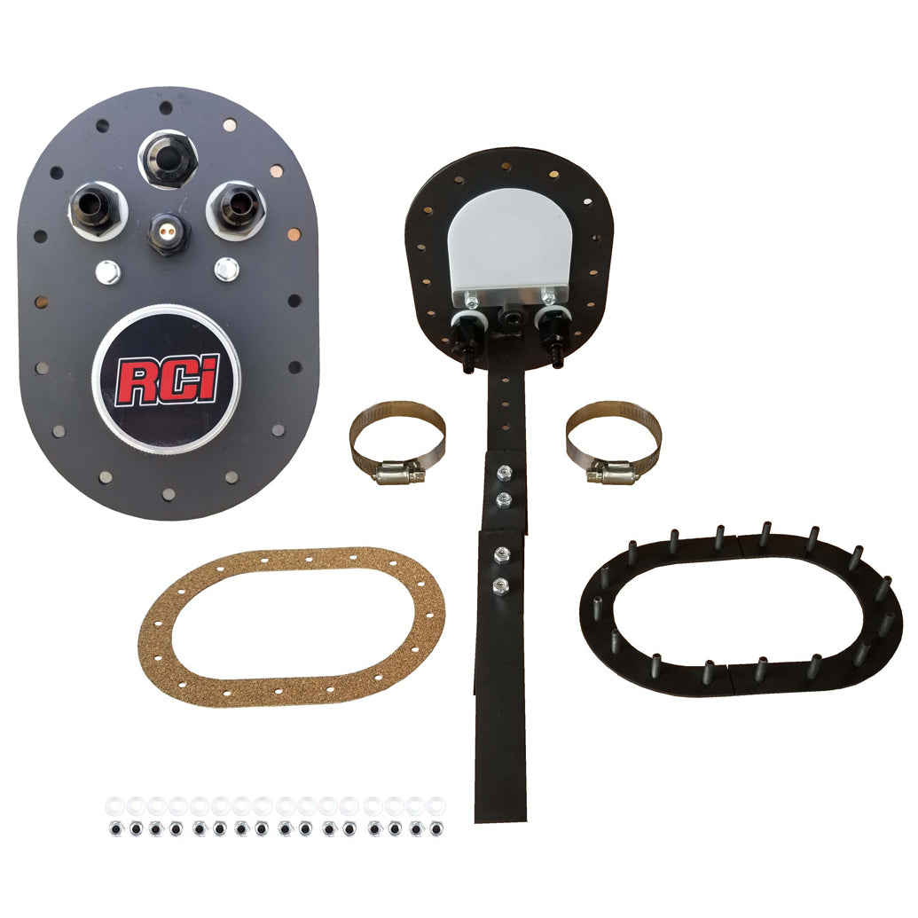 RCI Fuel Pump Mount - 16 Bolt Oval - 8 AN Fittings - Aluminum - Black Anodized