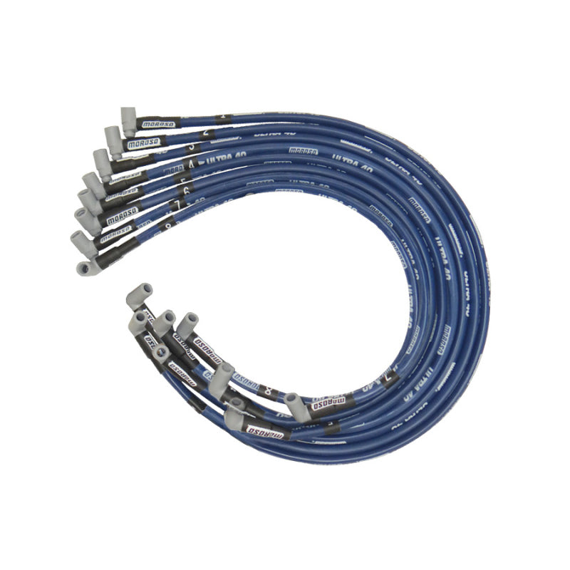 Moroso Ultra 40 Spiral Core 8.65 mm Spark Plug Wire Set - Sleeved - Blue - 90 Degree Plug Boots - HEI Style Terminal - Under Header - Big Block Chevy