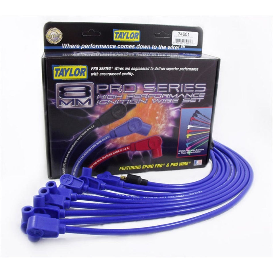 Taylor Spiro-Pro Spiral Core 8 mm Spark Plug Wire Set - Blue - 90 Degree Plug Boots - Socket Style - Small Block Chevy